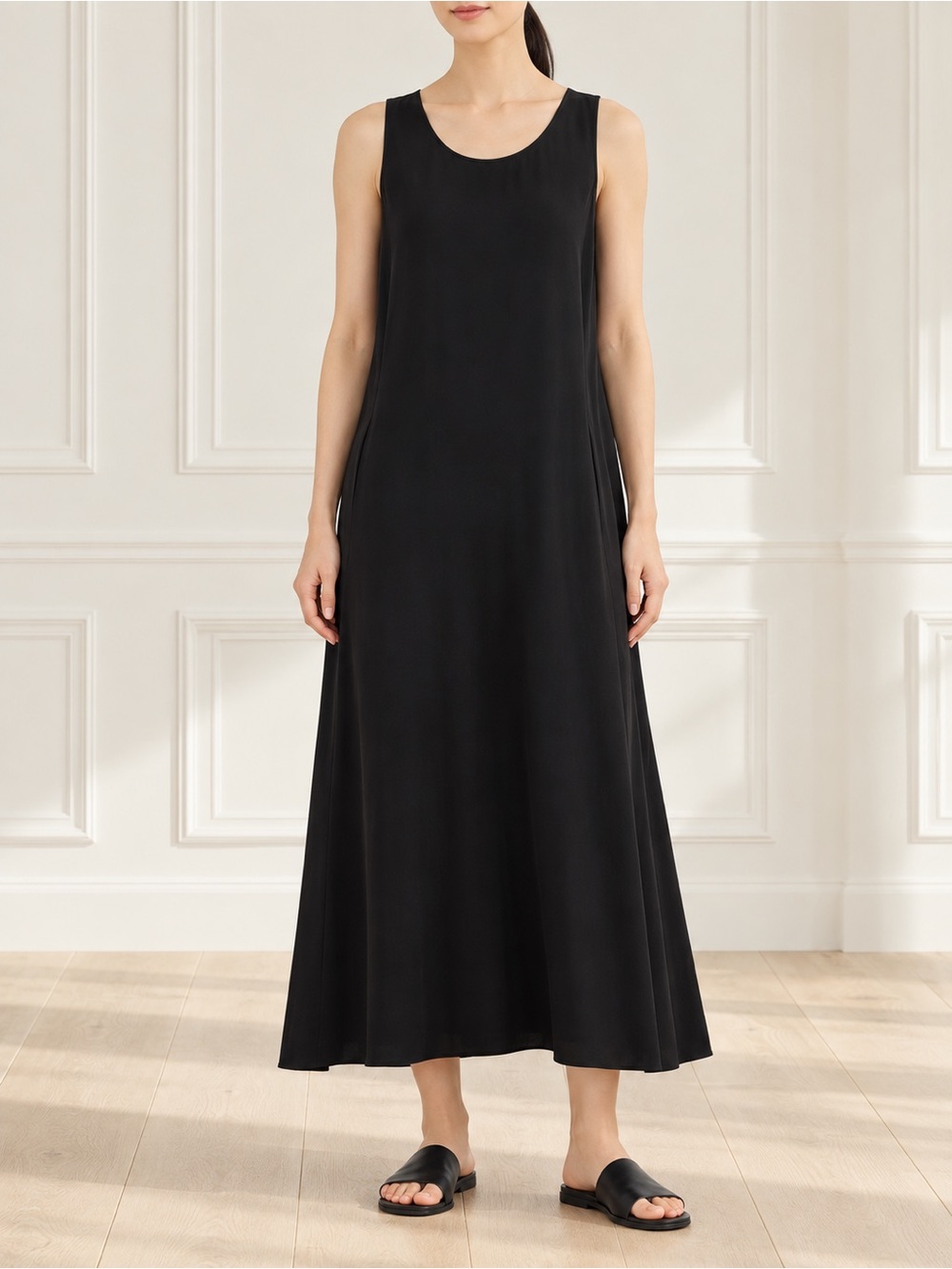 Eileen Fisher Silk Georgette Crepe Dress L Black Scoop Neck Maxi A Line Pockets
